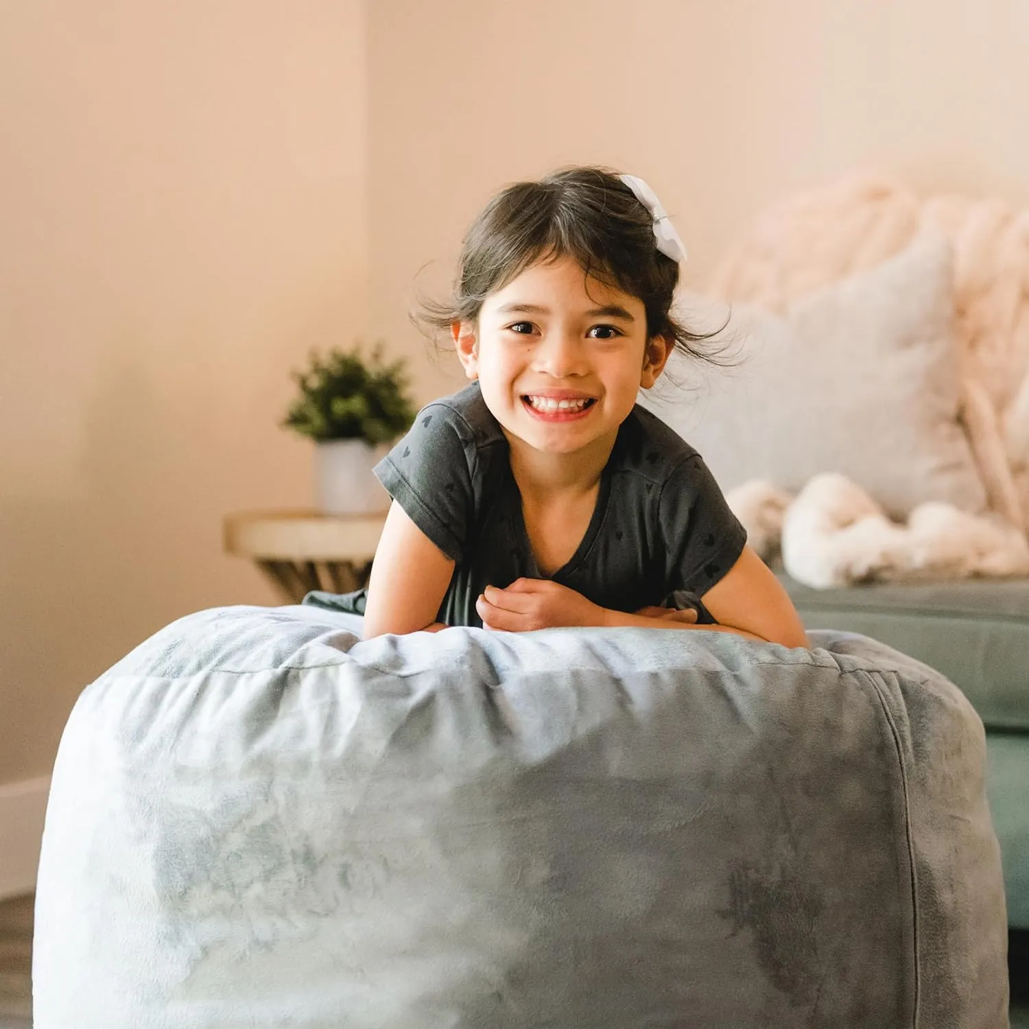 Big Joe Fuf Small Foam Filled Bean Bag Chair, Gray Plush, Soft Polyester, 2 feet