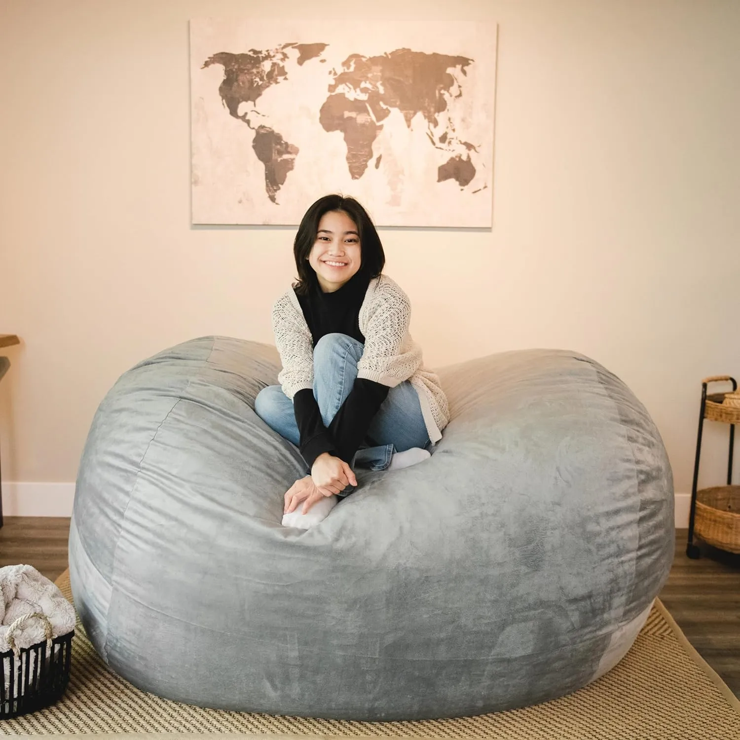 Big Joe Fuf XL Foam Filled Bean Bag Chair with Removable Cover, Gray Plush, Soft Polyester, 5 feet Giant