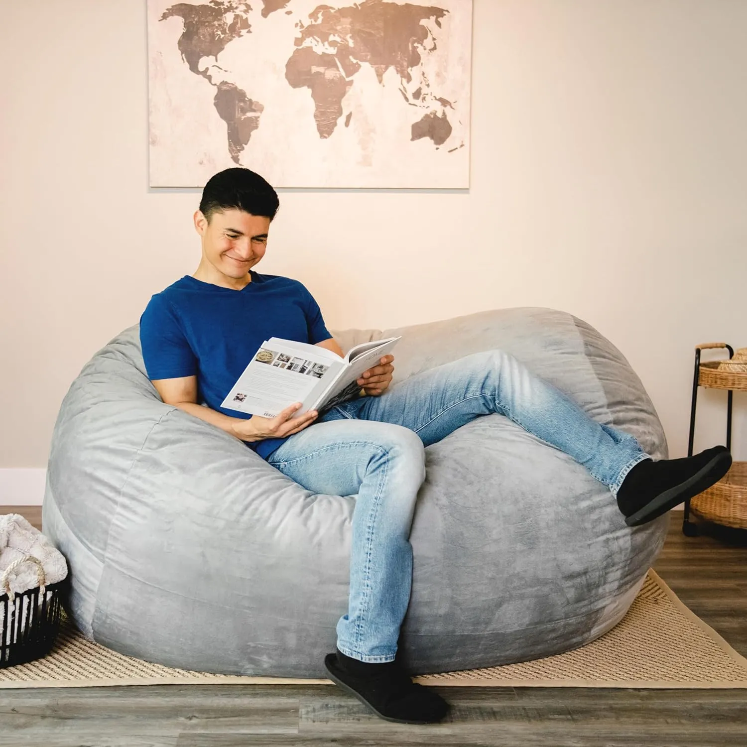 Big Joe Fuf XL Foam Filled Bean Bag Chair with Removable Cover, Gray Plush, Soft Polyester, 5 feet Giant