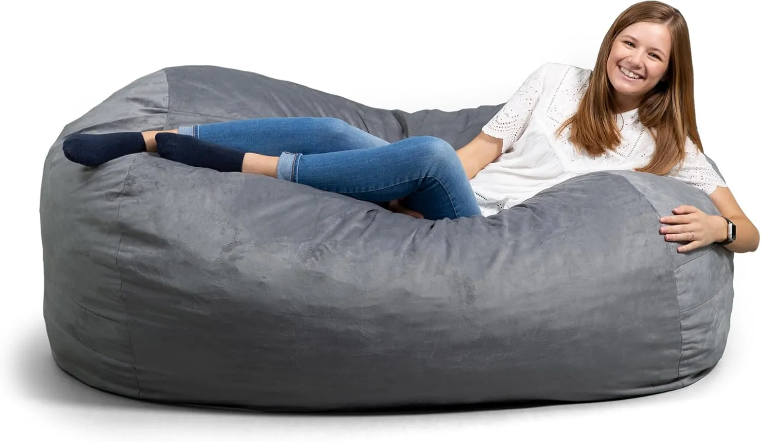Big Joe Fuf XL Foam Filled Bean Bag Chair with Removable Cover, Gray Plush, Soft Polyester, 5 feet Giant