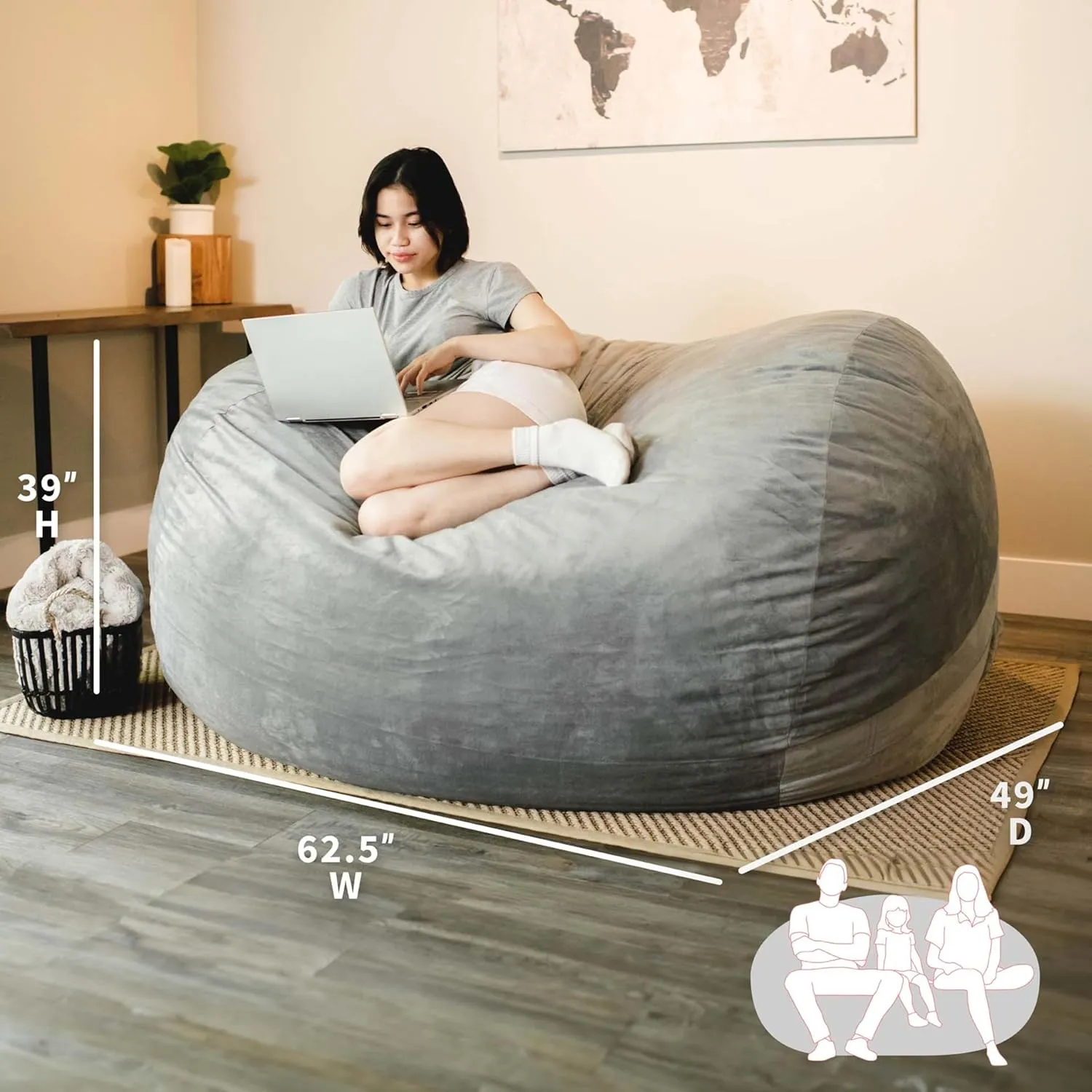 Big Joe Fuf XL Foam Filled Bean Bag Chair with Removable Cover, Gray Plush, Soft Polyester, 5 feet Giant