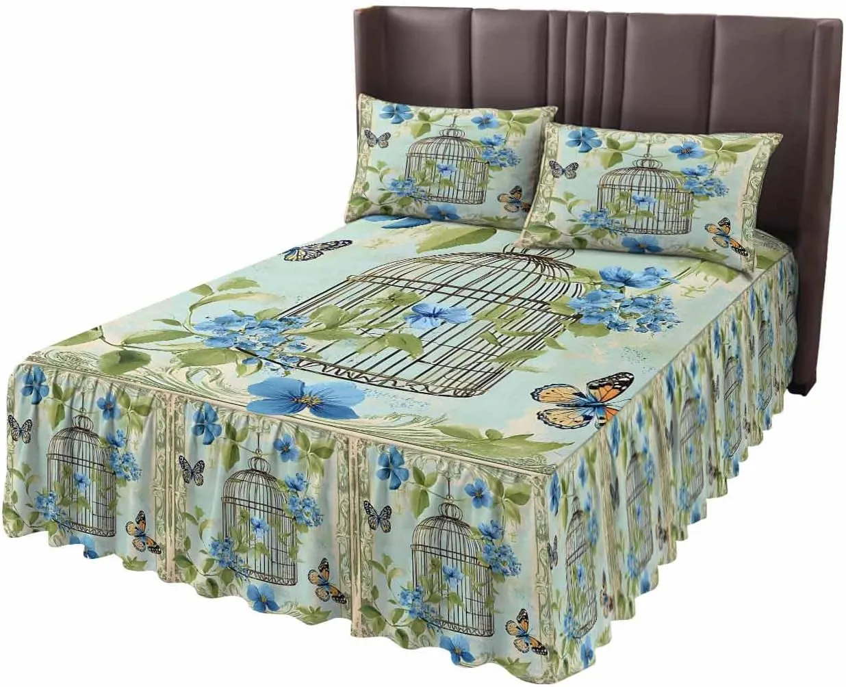 Birds Cage Bed Skirt Sheet Set 1 Bed Sheet & 2 Pillowcases, Bed Skirt Cal King Size 18 Inch Drop, Green Botanical Blue Floral Wrap Around Bed Skirts, Bedding Dust Ruffle Skirt Bedspread