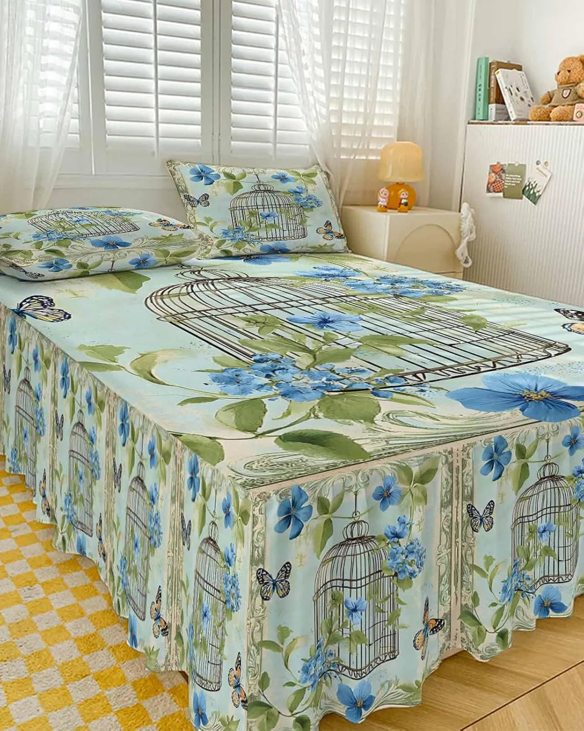 Birds Cage Bed Skirt Sheet Set 1 Bed Sheet & 2 Pillowcases, Bed Skirt Cal King Size 18 Inch Drop, Green Botanical Blue Floral Wrap Around Bed Skirts, Bedding Dust Ruffle Skirt Bedspread