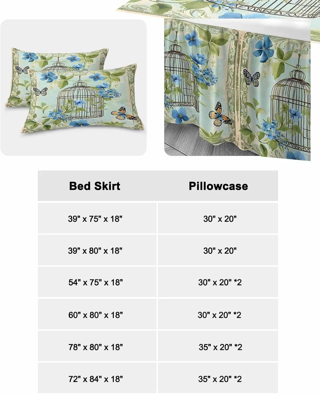 Birds Cage Bed Skirt Sheet Set 1 Bed Sheet & 2 Pillowcases, Bed Skirt Cal King Size 18 Inch Drop, Green Botanical Blue Floral Wrap Around Bed Skirts, Bedding Dust Ruffle Skirt Bedspread