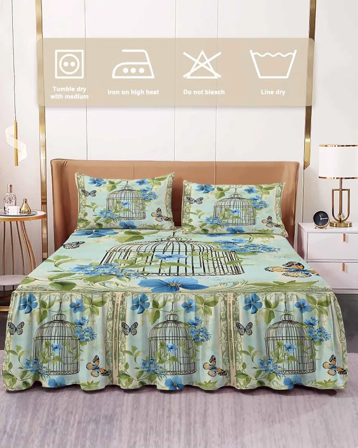 Birds Cage Bed Skirt Sheet Set 1 Bed Sheet & 2 Pillowcases, Bed Skirt Cal King Size 18 Inch Drop, Green Botanical Blue Floral Wrap Around Bed Skirts, Bedding Dust Ruffle Skirt Bedspread