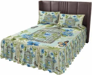 Birds Cage Bed Skirt Sheet Set 1 Bed Sheet & 2 Pillowcases, Bed Skirt Cal King Size 18 Inch Drop, Green Botanical Blue Floral Wrap Around Bed Skirts, Bedding Dust Ruffle Skirt Bedspread