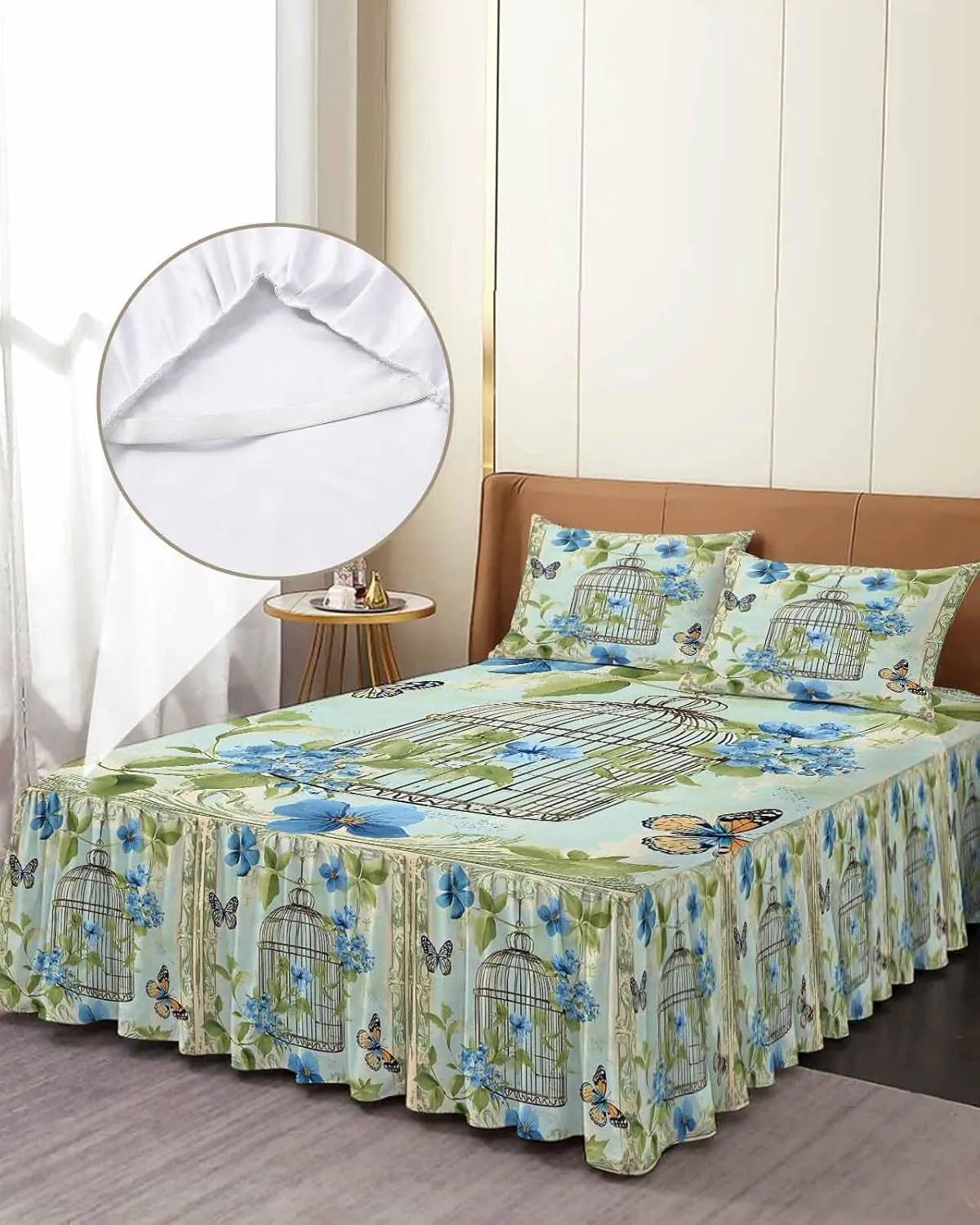 Birds Cage Bed Skirt Sheet Set 1 Bed Sheet & 2 Pillowcases, Bed Skirt Cal King Size 18 Inch Drop, Green Botanical Blue Floral Wrap Around Bed Skirts, Bedding Dust Ruffle Skirt Bedspread