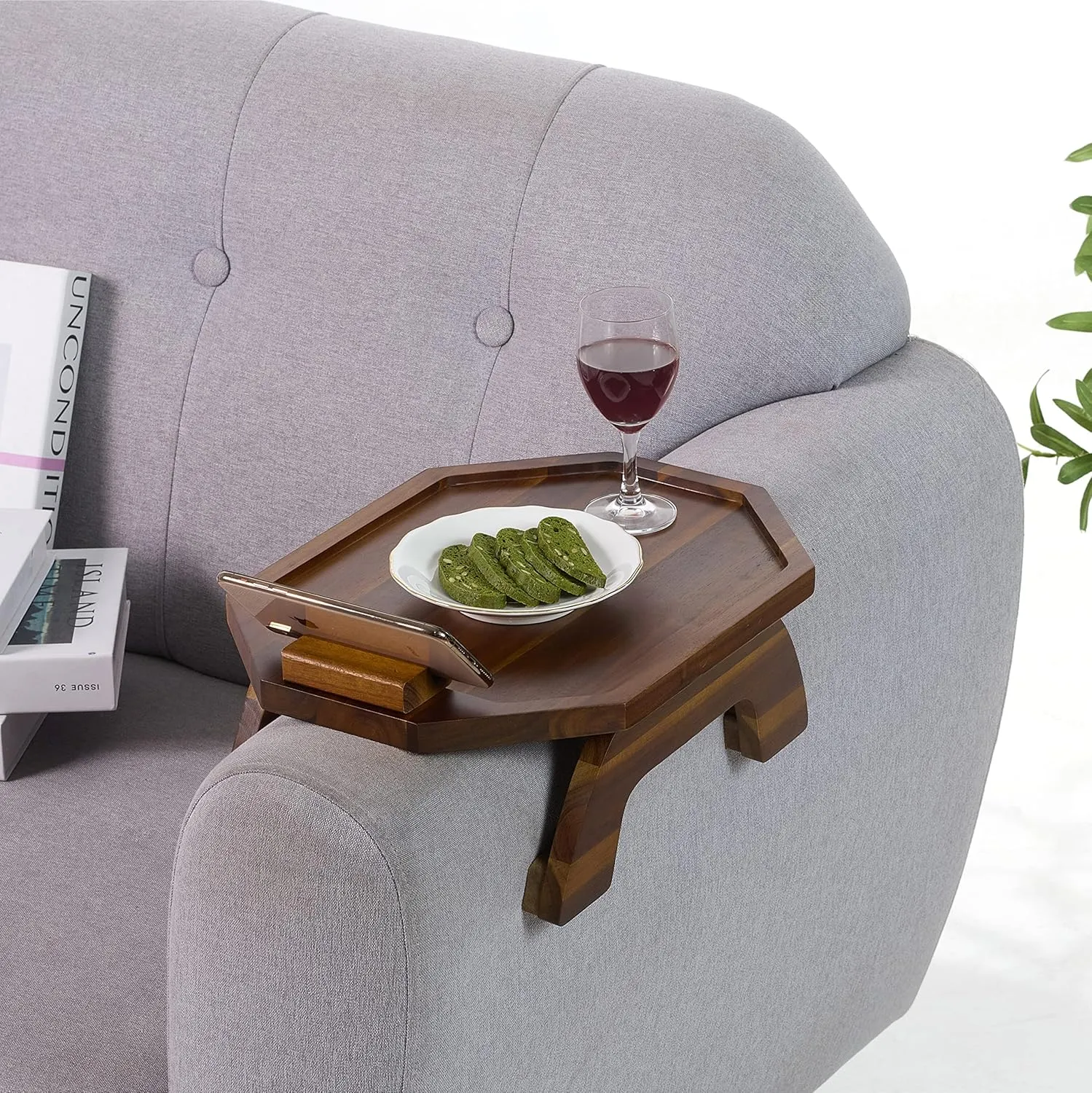 BLUEWEST Sofa Armrest Tray, Arm Table Sofa Arm Tray, Folding Snack Table for Couch with 360° Rotating Phone Holder, Non-Slip & Flexible Design for Various Armrest Shapes (Octagon)