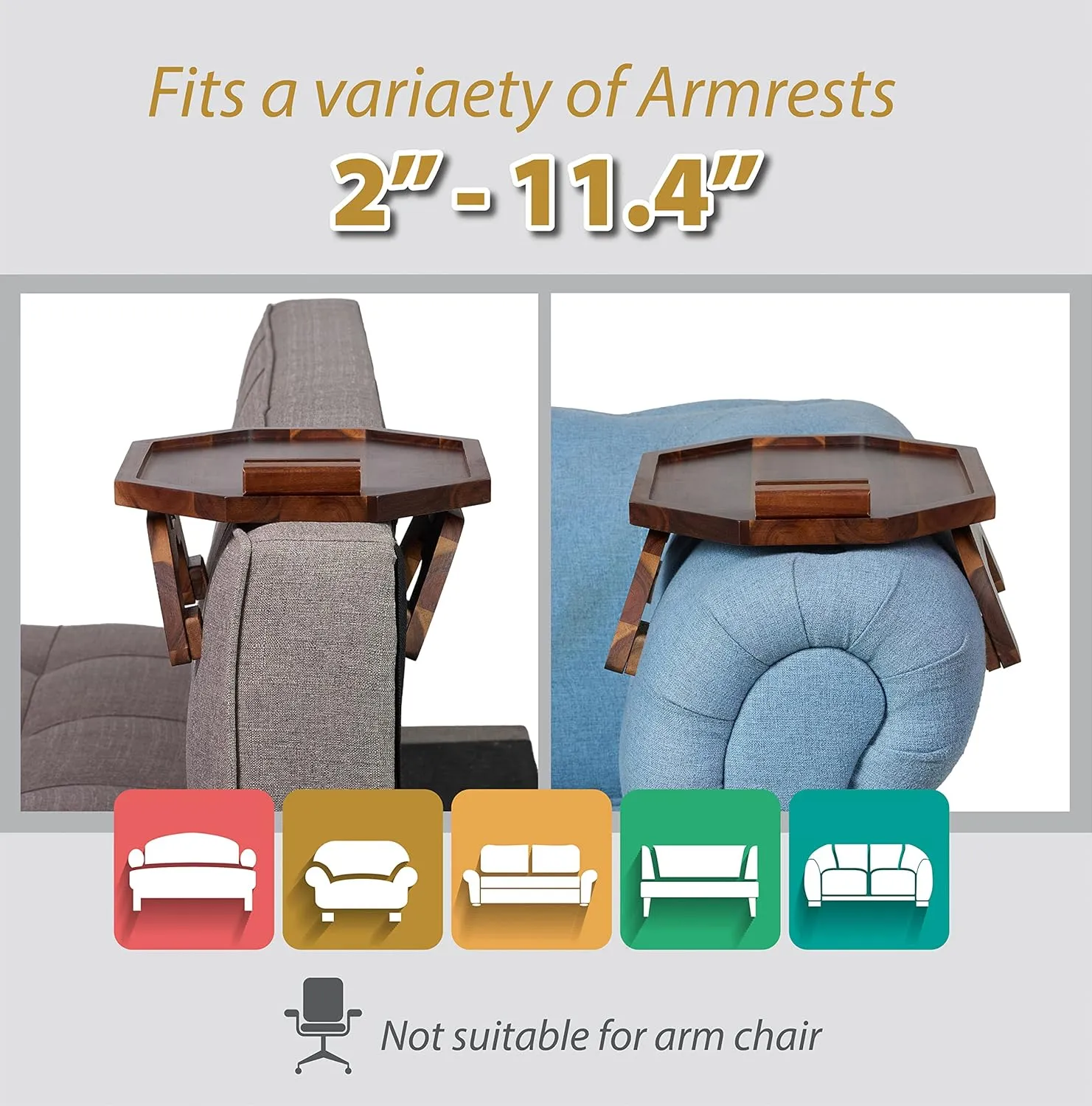BLUEWEST Sofa Armrest Tray, Arm Table Sofa Arm Tray, Folding Snack Table for Couch with 360° Rotating Phone Holder, Non-Slip & Flexible Design for Various Armrest Shapes (Octagon)