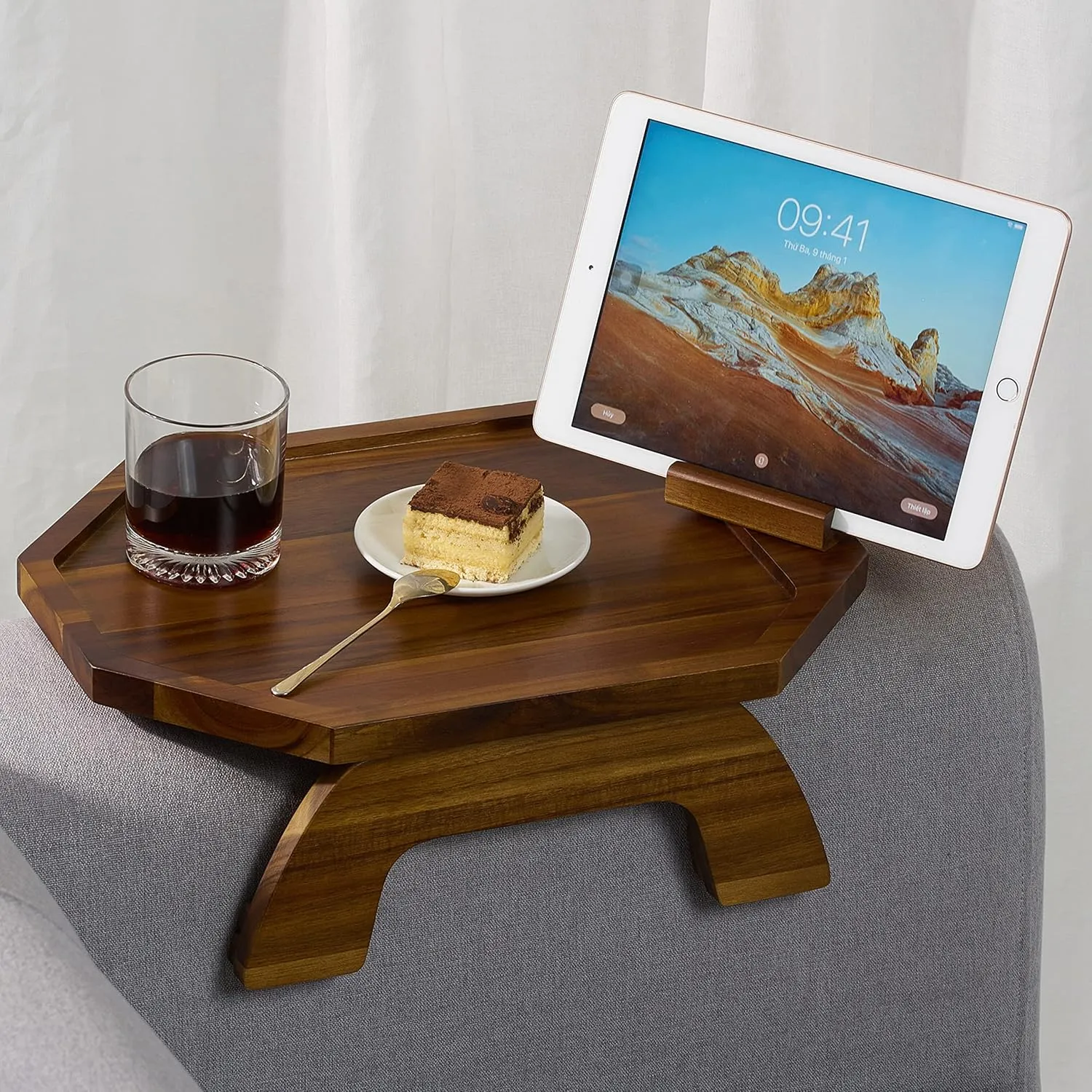 BLUEWEST Sofa Armrest Tray, Arm Table Sofa Arm Tray, Folding Snack Table for Couch with 360° Rotating Phone Holder, Non-Slip & Flexible Design for Various Armrest Shapes (Octagon)