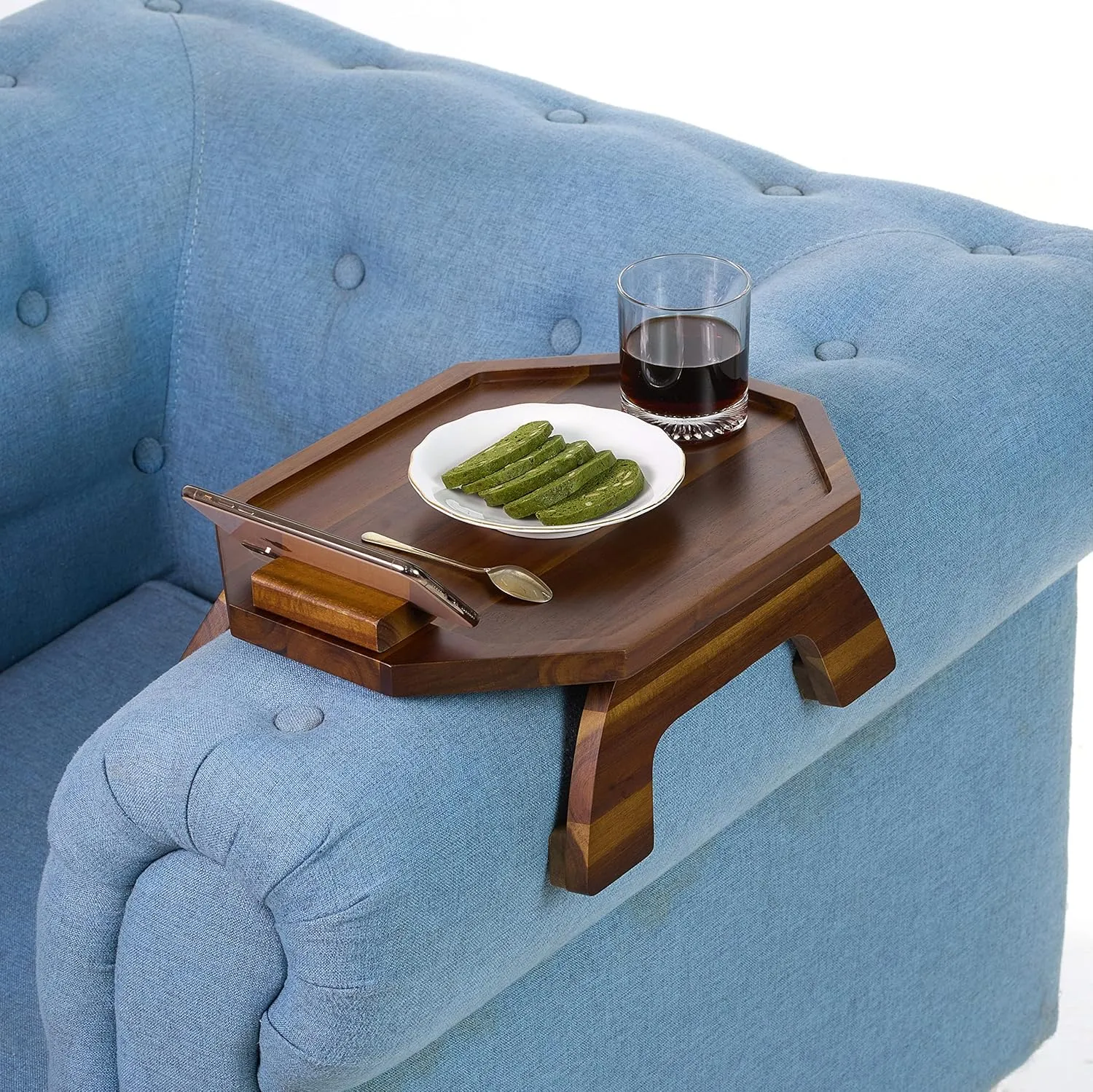 BLUEWEST Sofa Armrest Tray, Arm Table Sofa Arm Tray, Folding Snack Table for Couch with 360° Rotating Phone Holder, Non-Slip & Flexible Design for Various Armrest Shapes (Octagon)