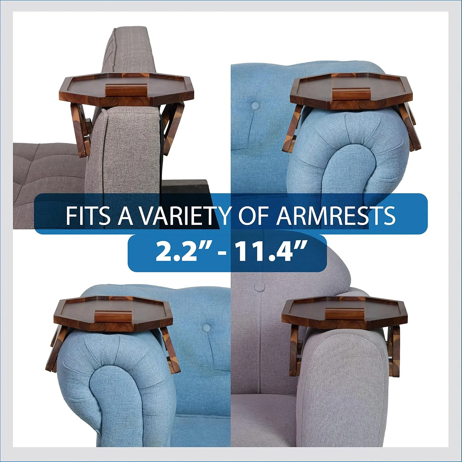 BLUEWEST Sofa Armrest Tray, Arm Table Sofa Arm Tray, Folding Snack Table for Couch with 360° Rotating Phone Holder, Non-Slip & Flexible Design for Various Armrest Shapes (Octagon)
