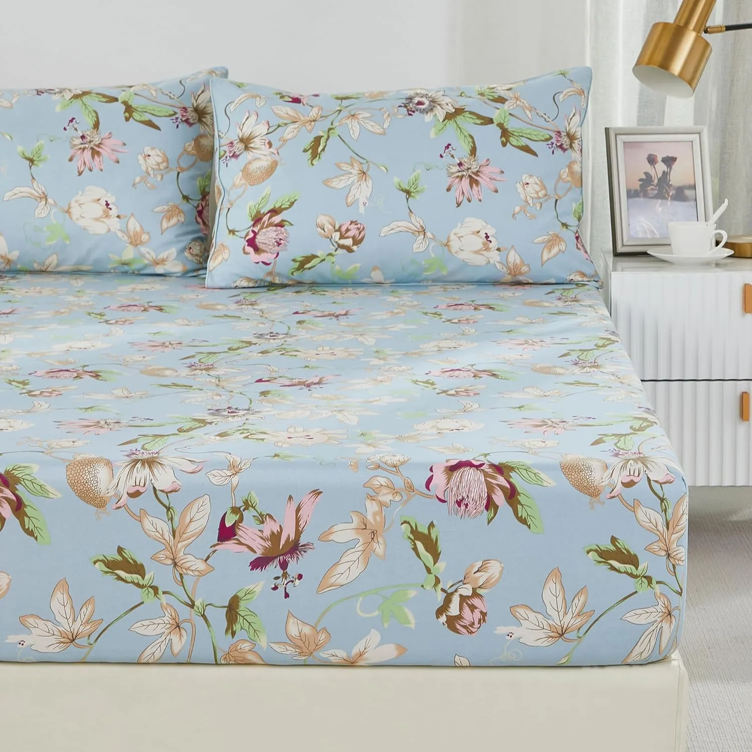 Brandream Floral Bedding Botanical Flower Farmhouse Queen Size Sheets Set Luxury Bedding Collections 800 Thread Count 100% Egyptian Cotton Deep Pocket, 4 Piece Blue