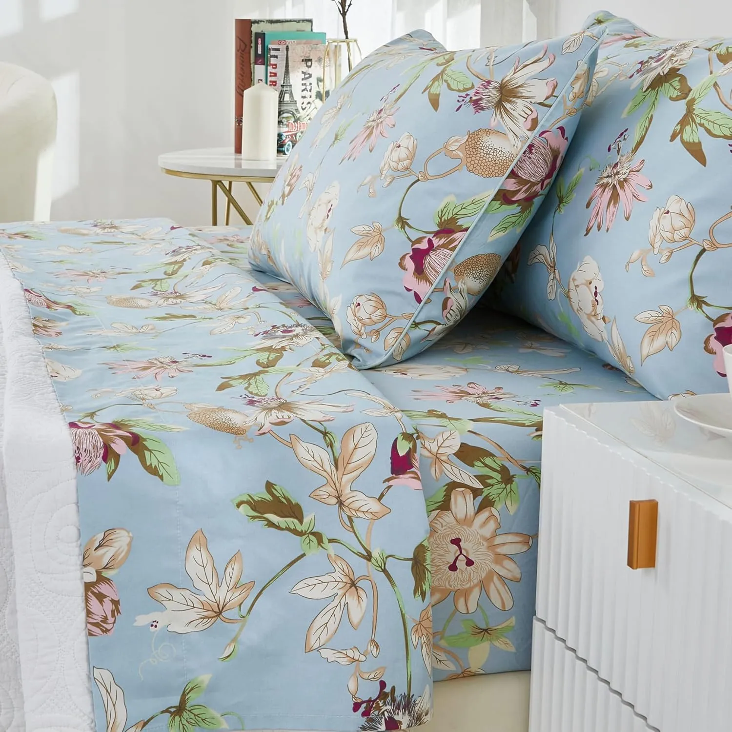 Brandream Floral Bedding Botanical Flower Farmhouse Queen Size Sheets Set Luxury Bedding Collections 800 Thread Count 100% Egyptian Cotton Deep Pocket, 4 Piece Blue
