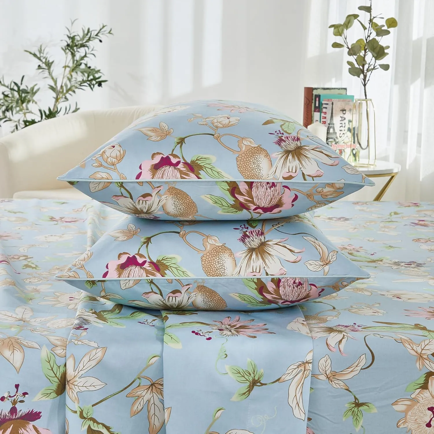 Brandream Floral Bedding Botanical Flower Farmhouse Queen Size Sheets Set Luxury Bedding Collections 800 Thread Count 100% Egyptian Cotton Deep Pocket, 4 Piece Blue