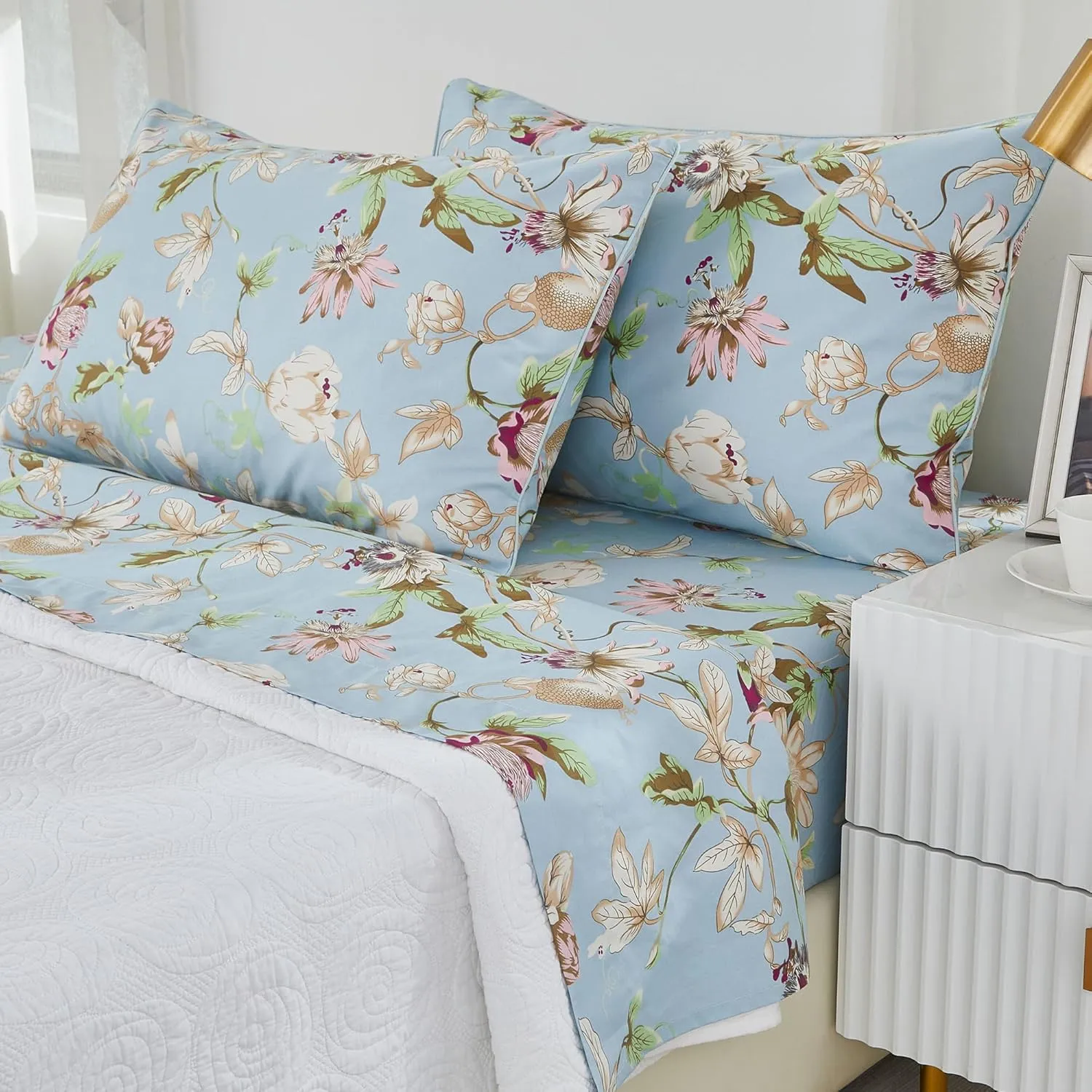 Brandream Floral Bedding Botanical Flower Farmhouse Queen Size Sheets Set Luxury Bedding Collections 800 Thread Count 100% Egyptian Cotton Deep Pocket, 4 Piece Blue
