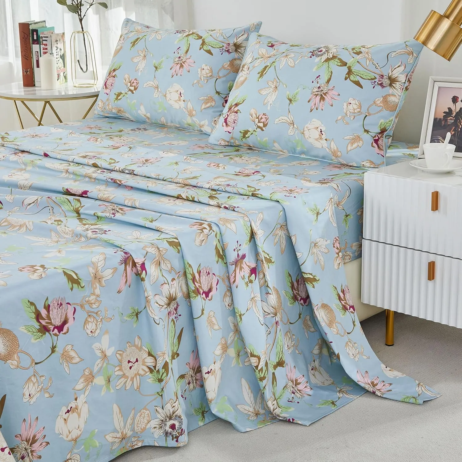 Brandream Floral Bedding Botanical Flower Farmhouse Queen Size Sheets Set Luxury Bedding Collections 800 Thread Count 100% Egyptian Cotton Deep Pocket, 4 Piece Blue