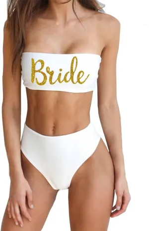 Bride Women 2 Pieces Bandeau Bikini Squad Swimsuits Off Shoulder High Waist Wifey Cheeky Bikinis Set…