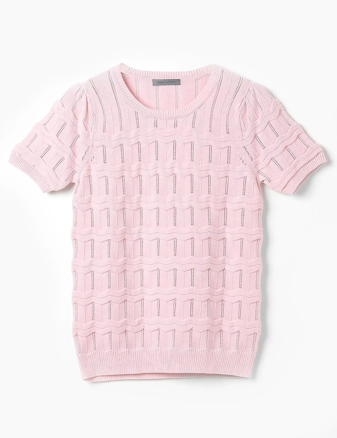 Cable Stitch Women's Ripple Stitch Short Sleeve Sweater - Crewneck Pointelle Knit Cotton Pullover Top