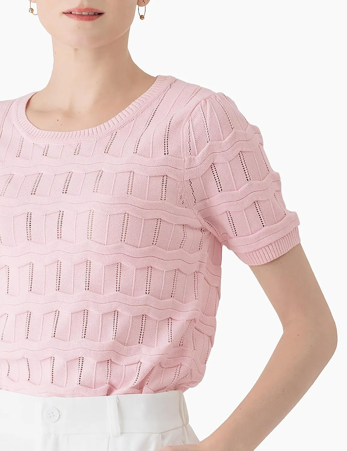 Cable Stitch Women's Ripple Stitch Short Sleeve Sweater - Crewneck Pointelle Knit Cotton Pullover Top