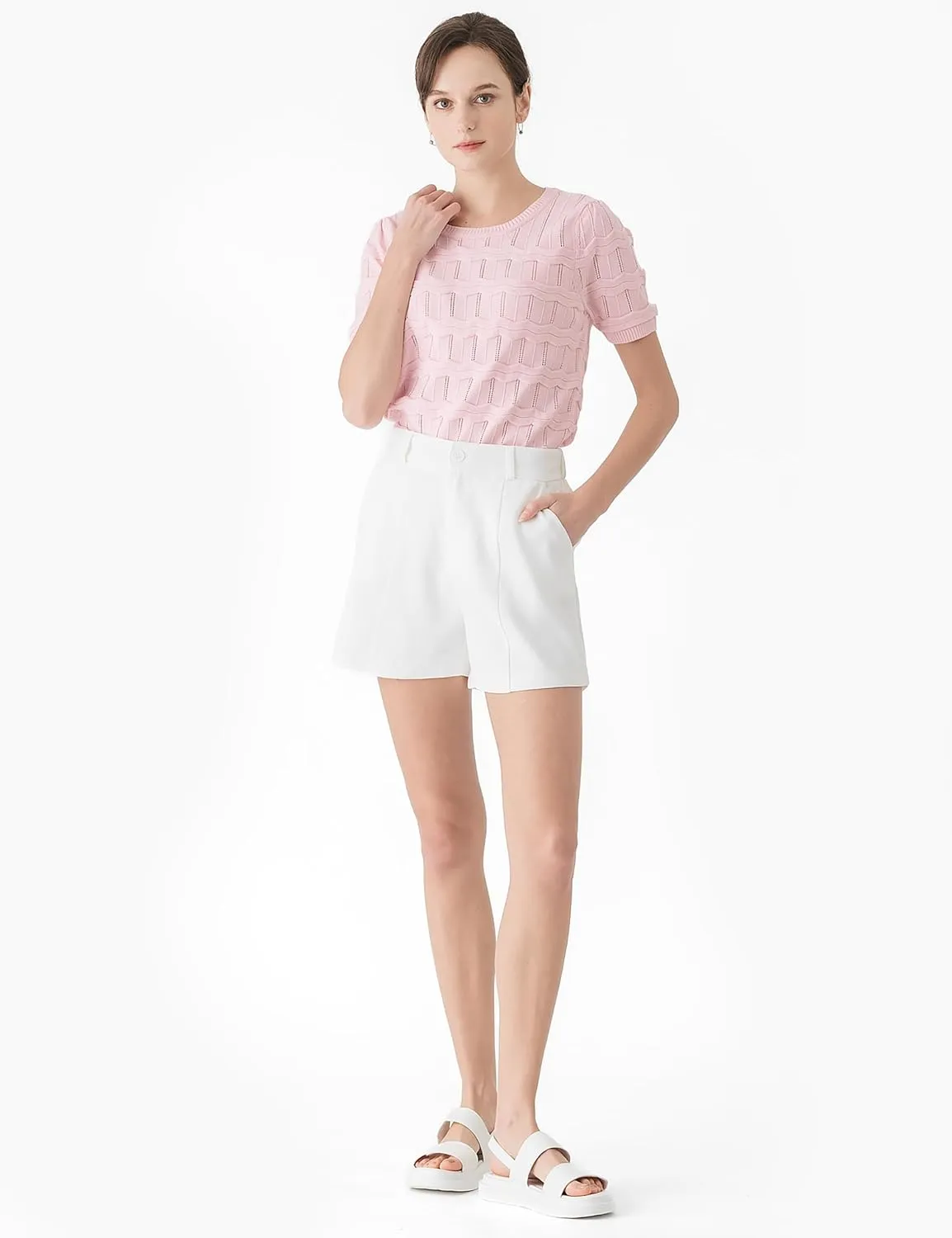 Cable Stitch Women's Ripple Stitch Short Sleeve Sweater - Crewneck Pointelle Knit Cotton Pullover Top