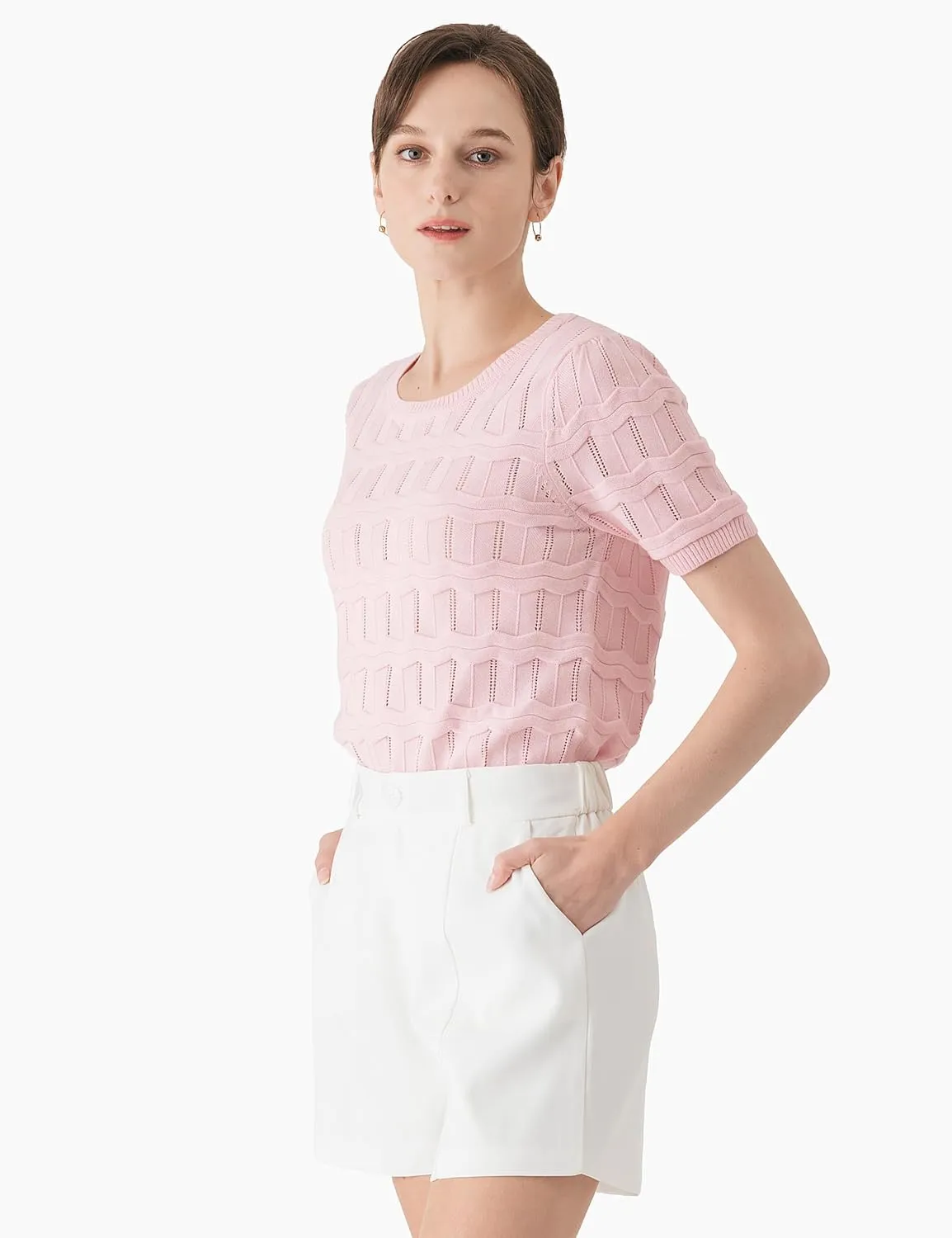 Cable Stitch Women's Ripple Stitch Short Sleeve Sweater - Crewneck Pointelle Knit Cotton Pullover Top