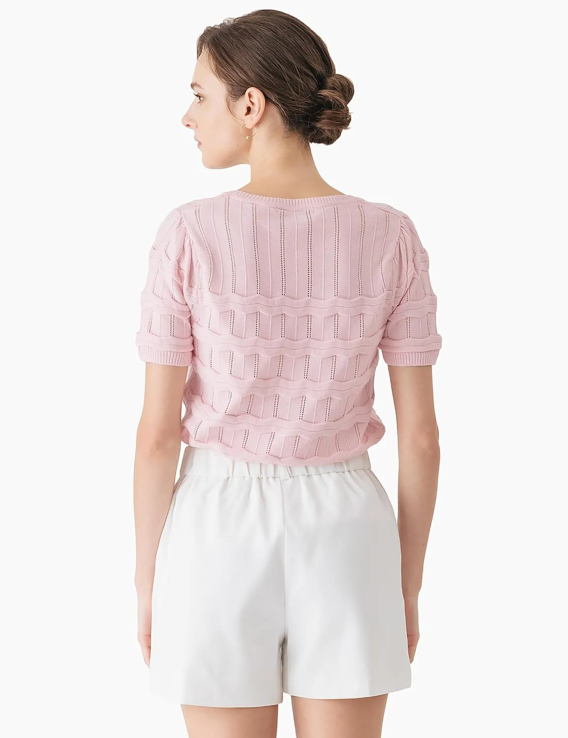 Cable Stitch Women's Ripple Stitch Short Sleeve Sweater - Crewneck Pointelle Knit Cotton Pullover Top