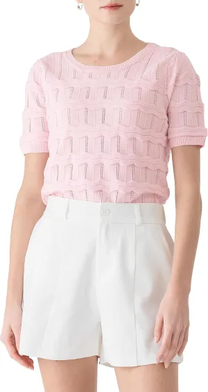 Cable Stitch Women's Ripple Stitch Short Sleeve Sweater - Crewneck Pointelle Knit Cotton Pullover Top