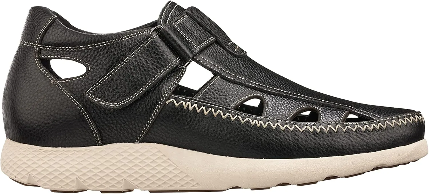 CALTO Men's Invisible Height Increasing Elevator Shoes - Black Premium Leather Lightweight Fisherman Sandals - 2.8 Inches Taller - K2132 - Size 9 D(M) US