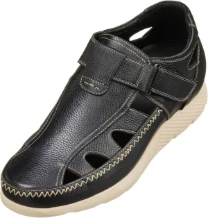 CALTO Men's Invisible Height Increasing Elevator Shoes - Black Premium Leather Lightweight Fisherman Sandals - 2.8 Inches Taller - K2132 - Size 9 D(M) US
