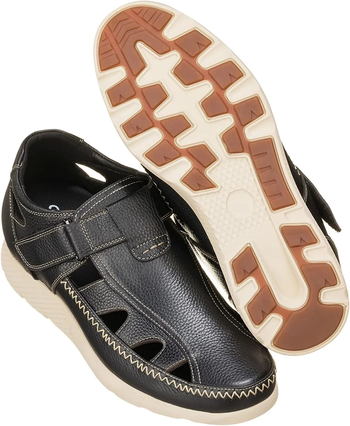 CALTO Men's Invisible Height Increasing Elevator Shoes - Black Premium Leather Lightweight Fisherman Sandals - 2.8 Inches Taller - K2132 - Size 9 D(M) US