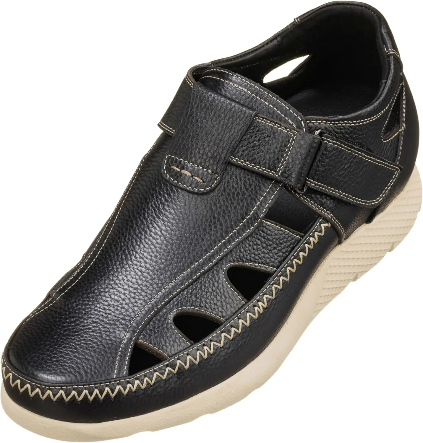 CALTO Men's Invisible Height Increasing Elevator Shoes - Black Premium Leather Lightweight Fisherman Sandals - 2.8 Inches Taller - K2132 - Size 9 D(M) US