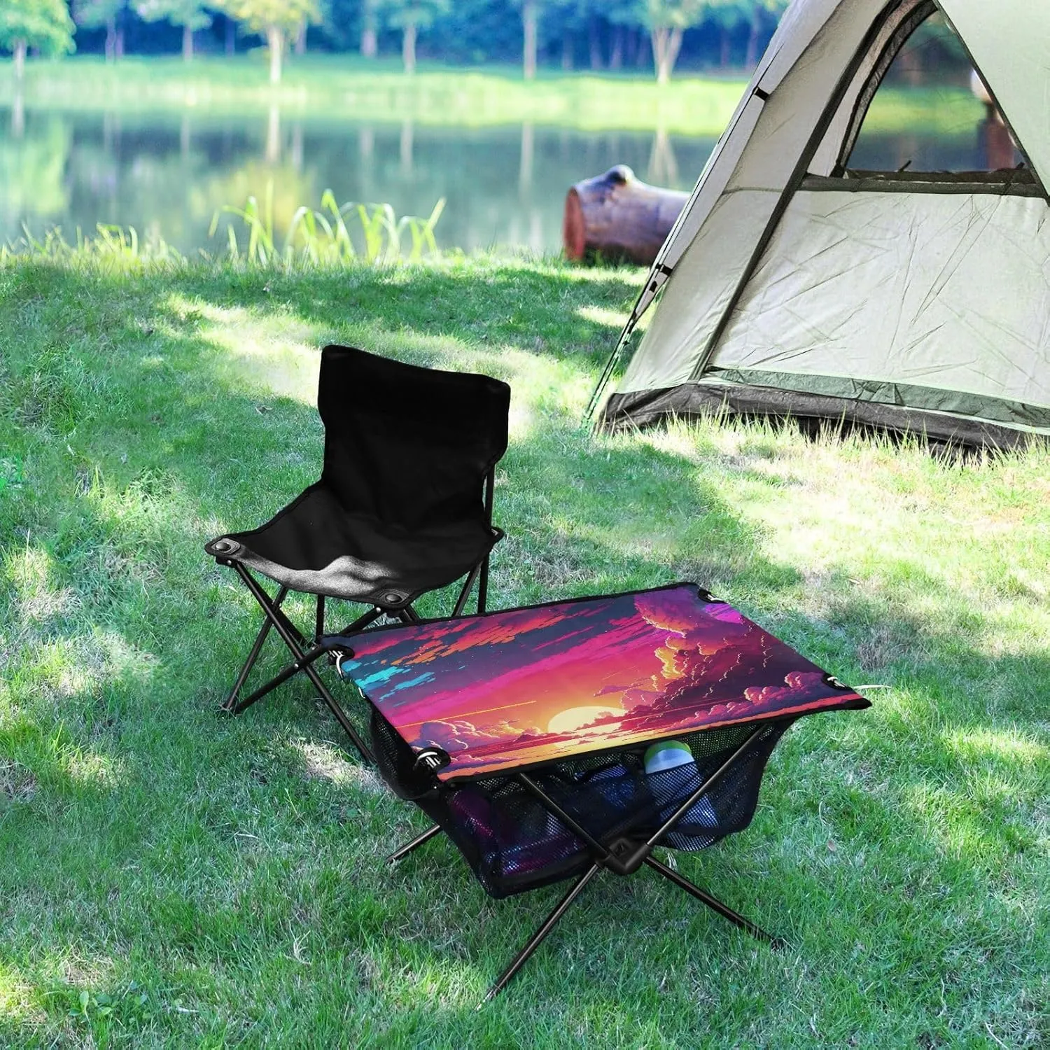 Camping Table Portable Outdoor Folding Table with Storage Mesh for Hiking Picnics BBQ Cooking Dining Kitchen Backpacking Beautiful Sunset