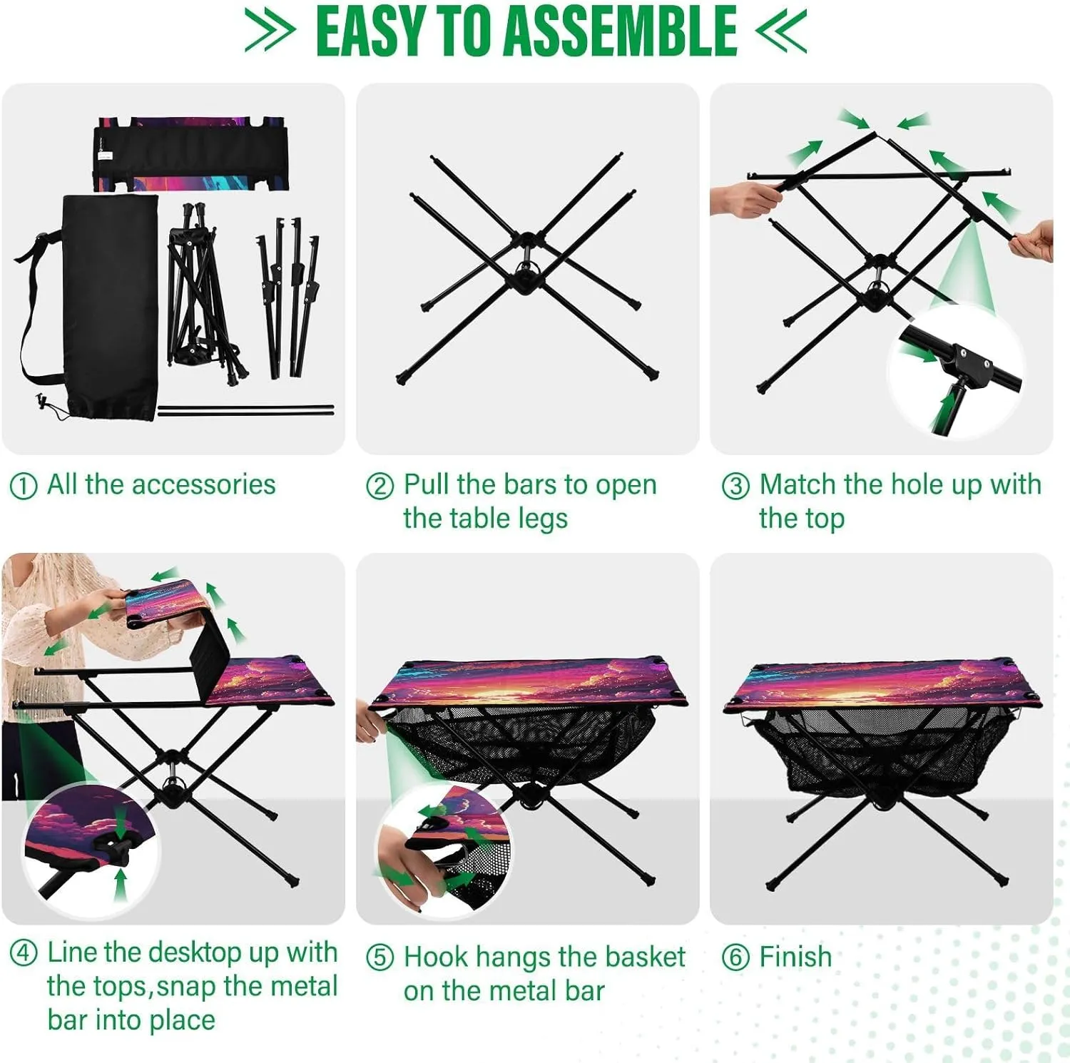 Camping Table Portable Outdoor Folding Table with Storage Mesh for Hiking Picnics BBQ Cooking Dining Kitchen Backpacking Beautiful Sunset