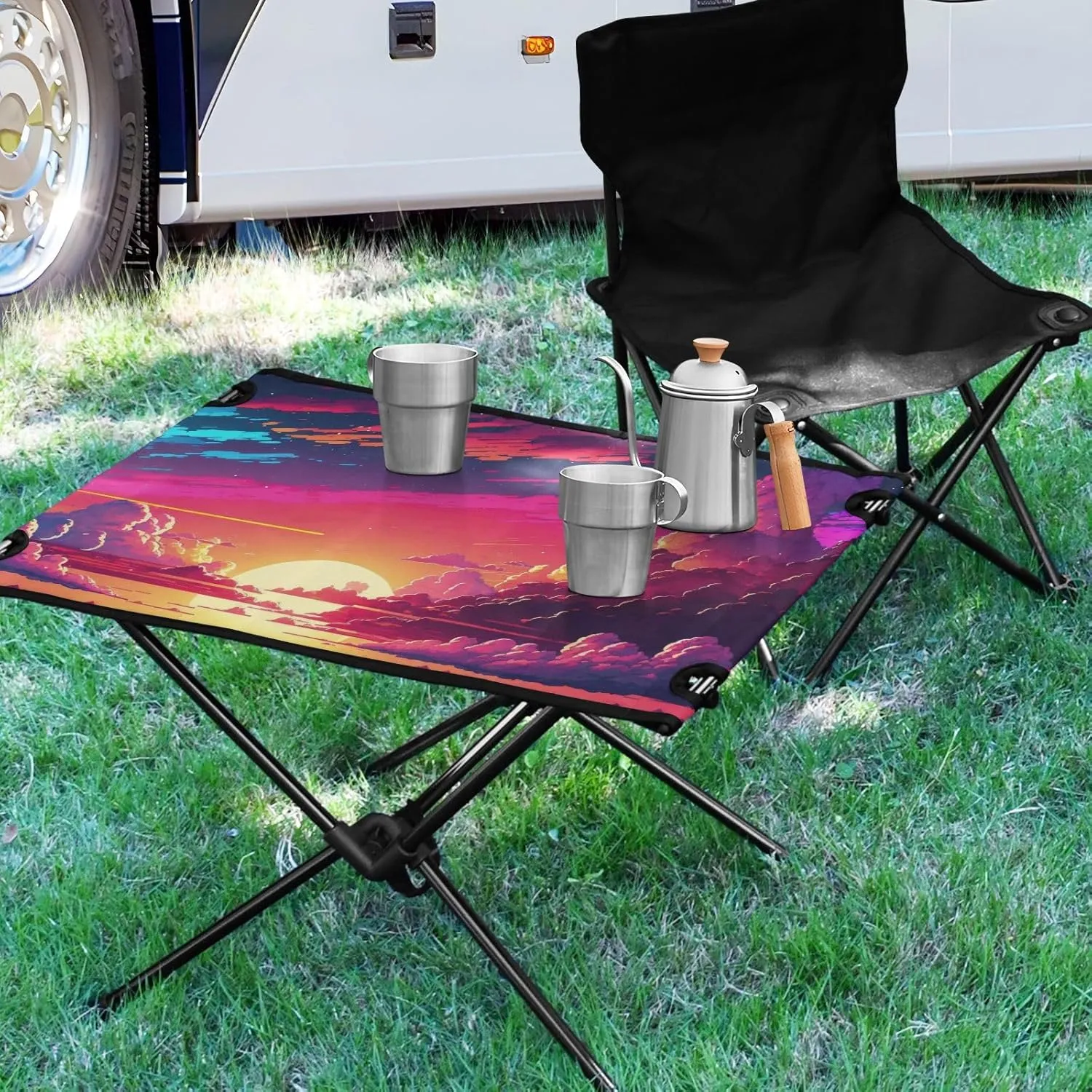 Camping Table Portable Outdoor Folding Table with Storage Mesh for Hiking Picnics BBQ Cooking Dining Kitchen Backpacking Beautiful Sunset