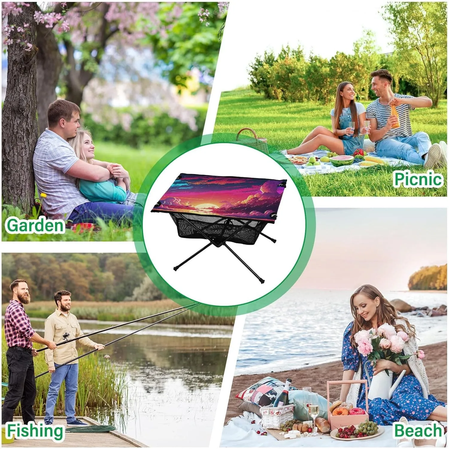 Camping Table Portable Outdoor Folding Table with Storage Mesh for Hiking Picnics BBQ Cooking Dining Kitchen Backpacking Beautiful Sunset