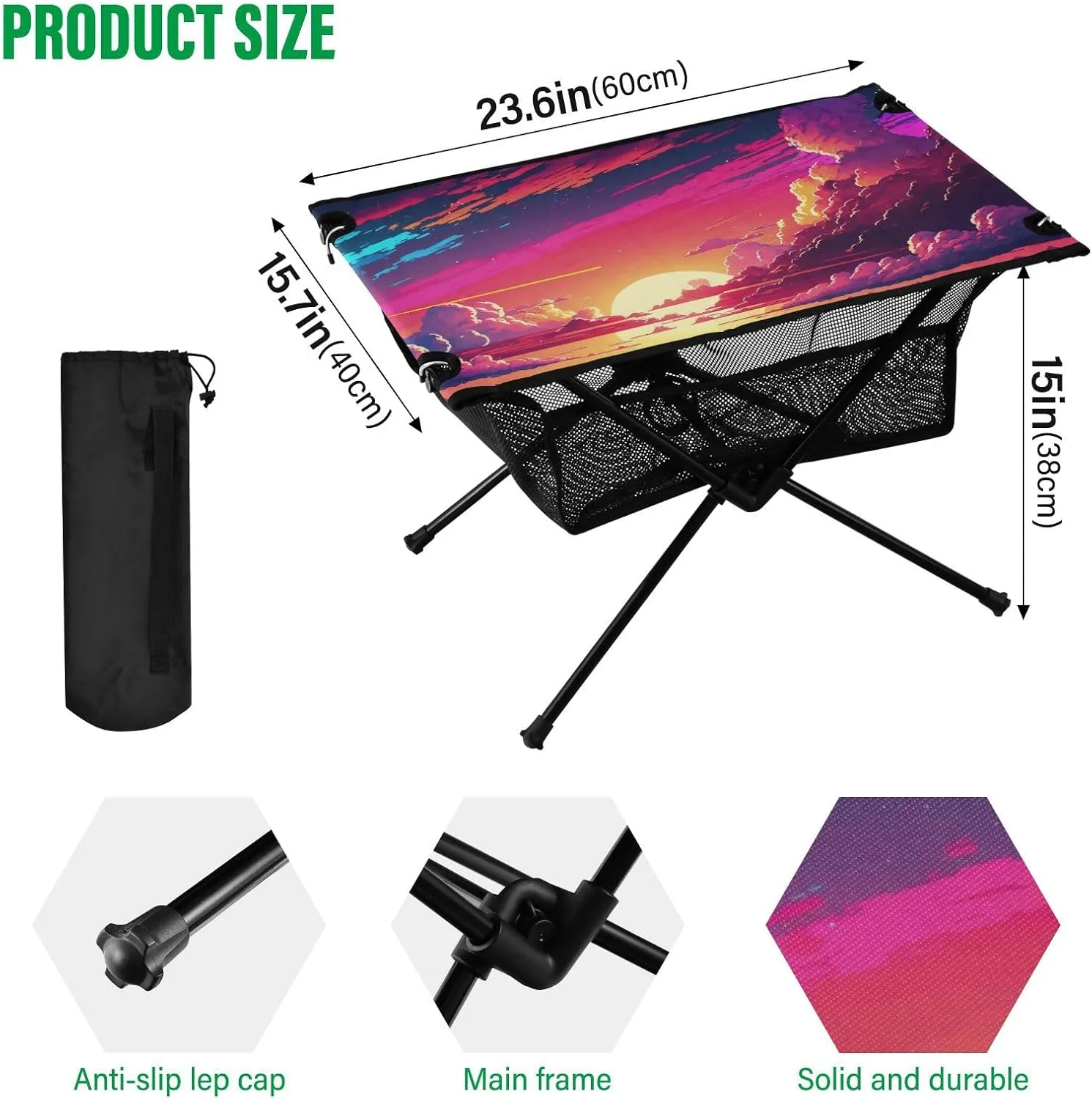 Camping Table Portable Outdoor Folding Table with Storage Mesh for Hiking Picnics BBQ Cooking Dining Kitchen Backpacking Beautiful Sunset
