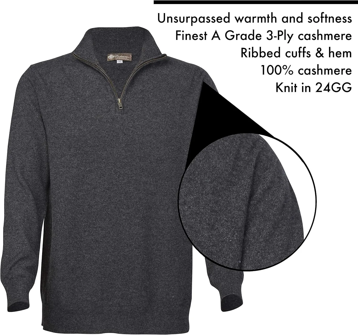 Cashmere Boutique 100% Pure Cashmere Half Zip Sweater for Men –Pullover, Long Sleeve, Soft and Warm Quarter Zip Sweater