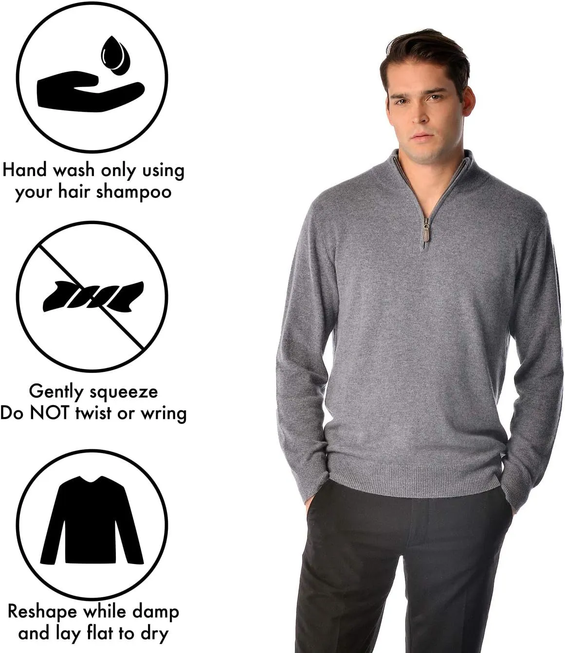 Cashmere Boutique 100% Pure Cashmere Half Zip Sweater for Men –Pullover, Long Sleeve, Soft and Warm Quarter Zip Sweater