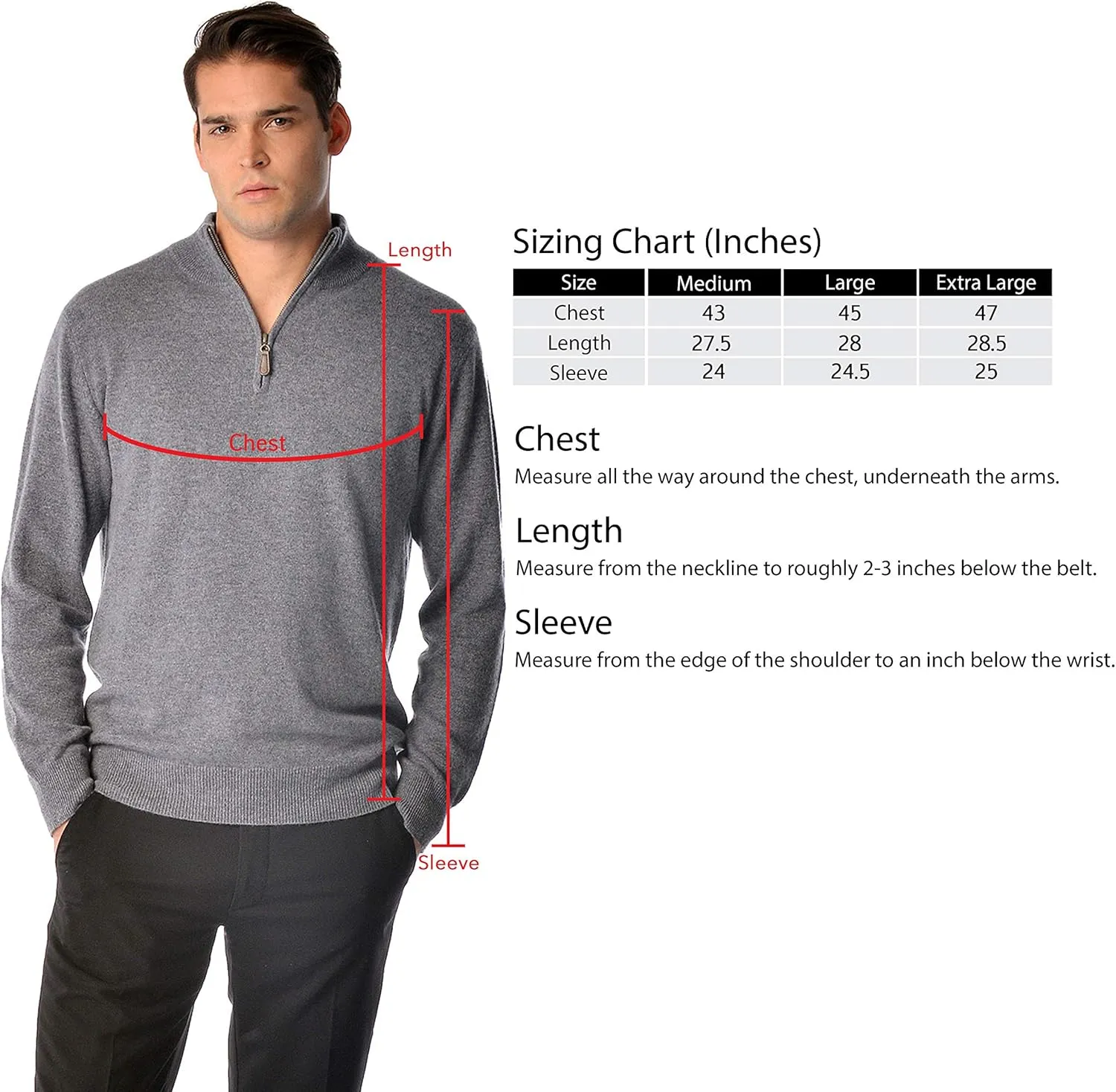 Cashmere Boutique 100% Pure Cashmere Half Zip Sweater for Men –Pullover, Long Sleeve, Soft and Warm Quarter Zip Sweater