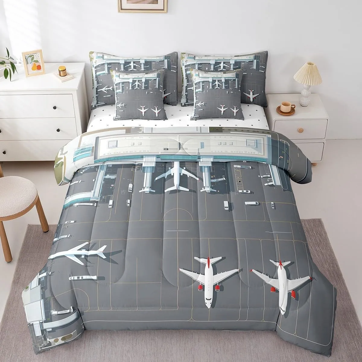 Castle Fairy Airplane Comforter Set in a Bag 7 Pieces Reversible,Airport Runway Bed Set,Aircraft Bedding Soft Microfiber,Twin (1 Comforter,2 Pillowcase,2 Pillow Covers,1 Flat Sheet,1 Fitted Sheet)