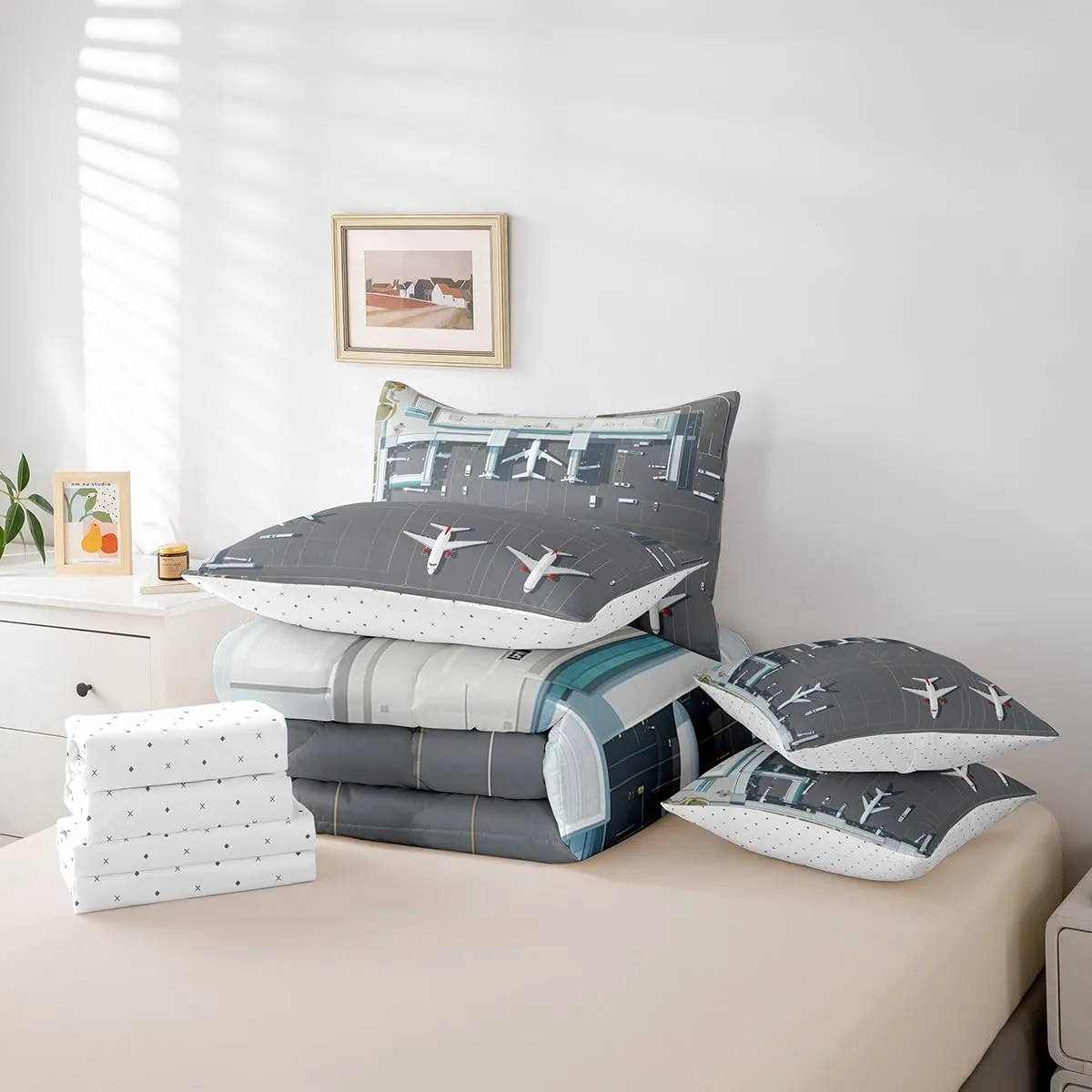 Castle Fairy Airplane Comforter Set in a Bag 7 Pieces Reversible,Airport Runway Bed Set,Aircraft Bedding Soft Microfiber,Twin (1 Comforter,2 Pillowcase,2 Pillow Covers,1 Flat Sheet,1 Fitted Sheet)