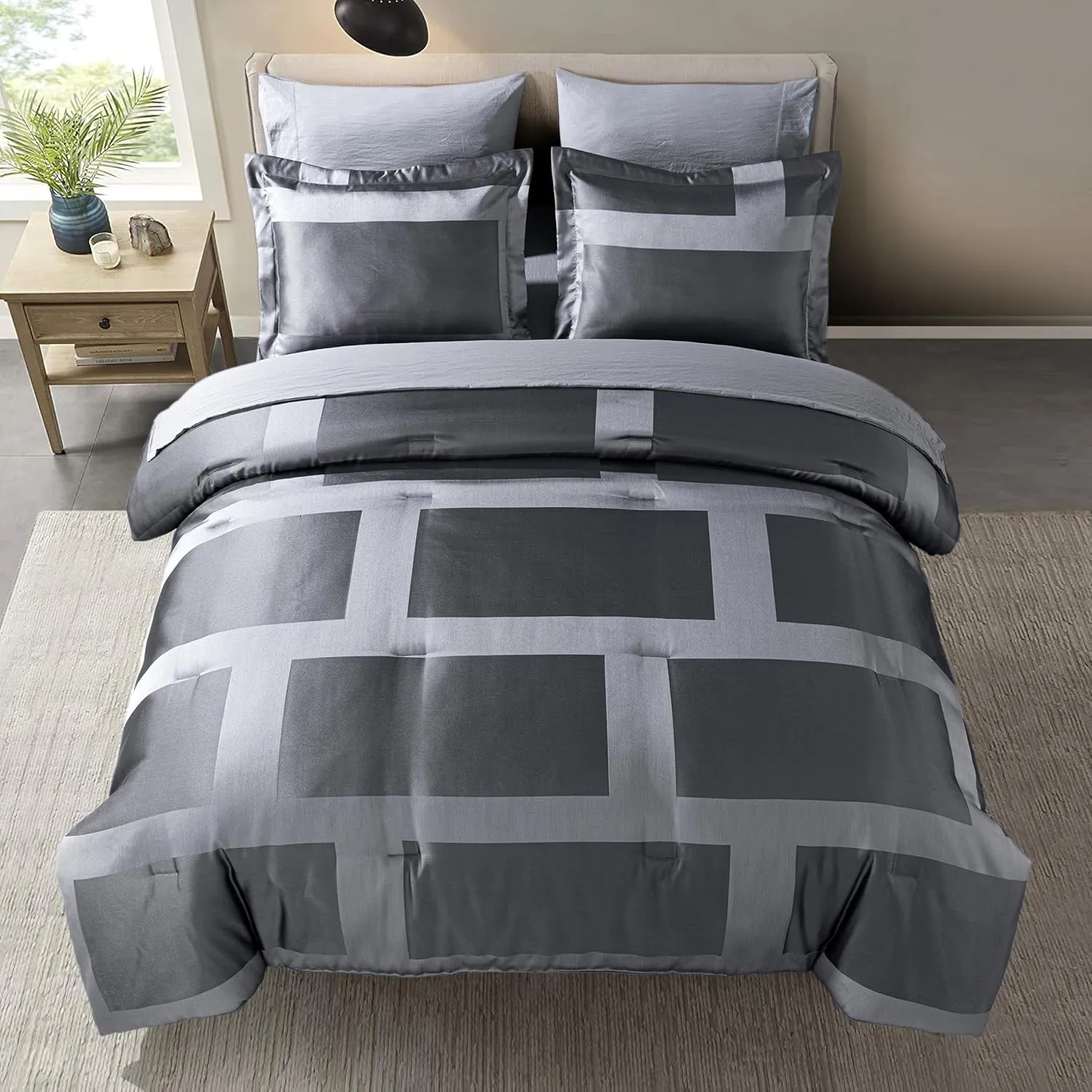 Chezmoi Collection 7-Piece Geometric Jacquard Bed in a Bag Set Queen Size - Soft Silky Lustrous Modern Gray Geometric Block Pattern Lightweight Bedding Comforter Set for All Seasons