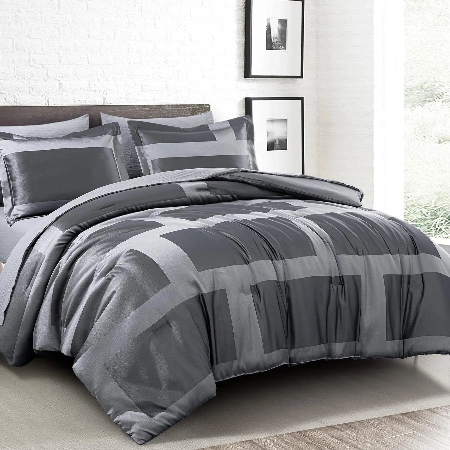 Chezmoi Collection 7-Piece Geometric Jacquard Bed in a Bag Set Queen Size - Soft Silky Lustrous Modern Gray Geometric Block Pattern Lightweight Bedding Comforter Set for All Seasons