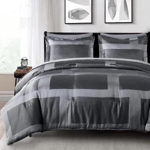 Chezmoi Collection 7-Piece Geometric Jacquard Bed in a Bag Set Queen Size - Soft Silky Lustrous Modern Gray Geometric Block Pattern Lightweight Bedding Comforter Set for All Seasons