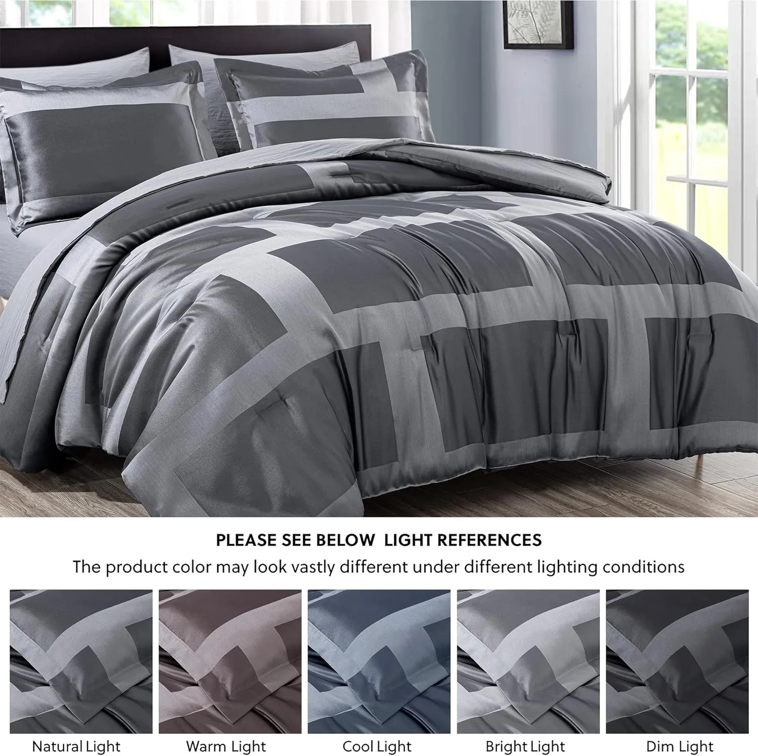 Chezmoi Collection 7-Piece Geometric Jacquard Bed in a Bag Set Queen Size - Soft Silky Lustrous Modern Gray Geometric Block Pattern Lightweight Bedding Comforter Set for All Seasons