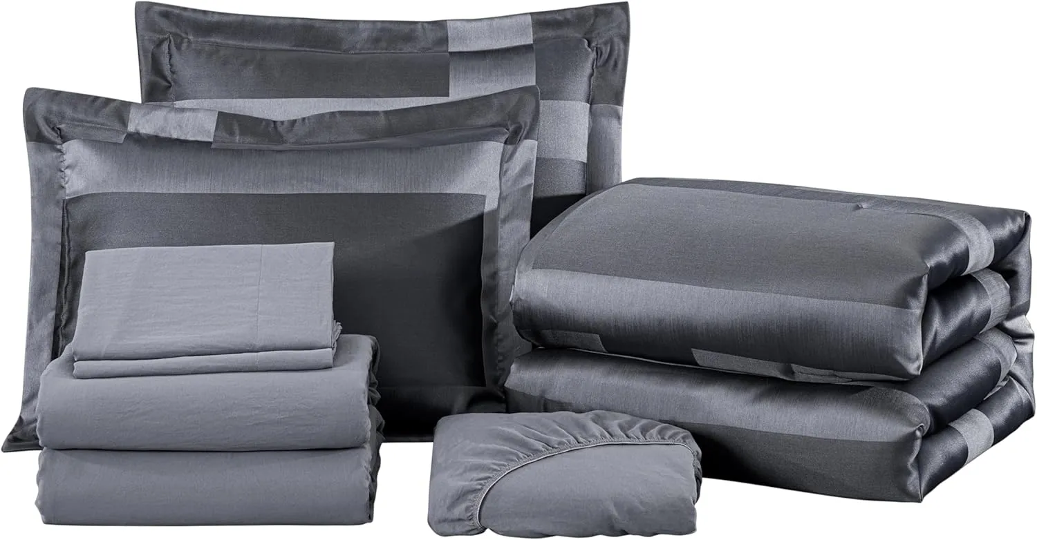 Chezmoi Collection 7-Piece Geometric Jacquard Bed in a Bag Set Queen Size - Soft Silky Lustrous Modern Gray Geometric Block Pattern Lightweight Bedding Comforter Set for All Seasons
