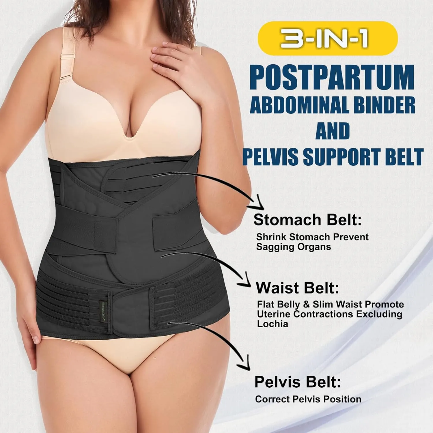 ChongErfei 3 in 1 Postpartum Belly Wrap - Recovery Belly/Waist/Pelvis Belt Black Postpartum Belly Band,Black L/One Size