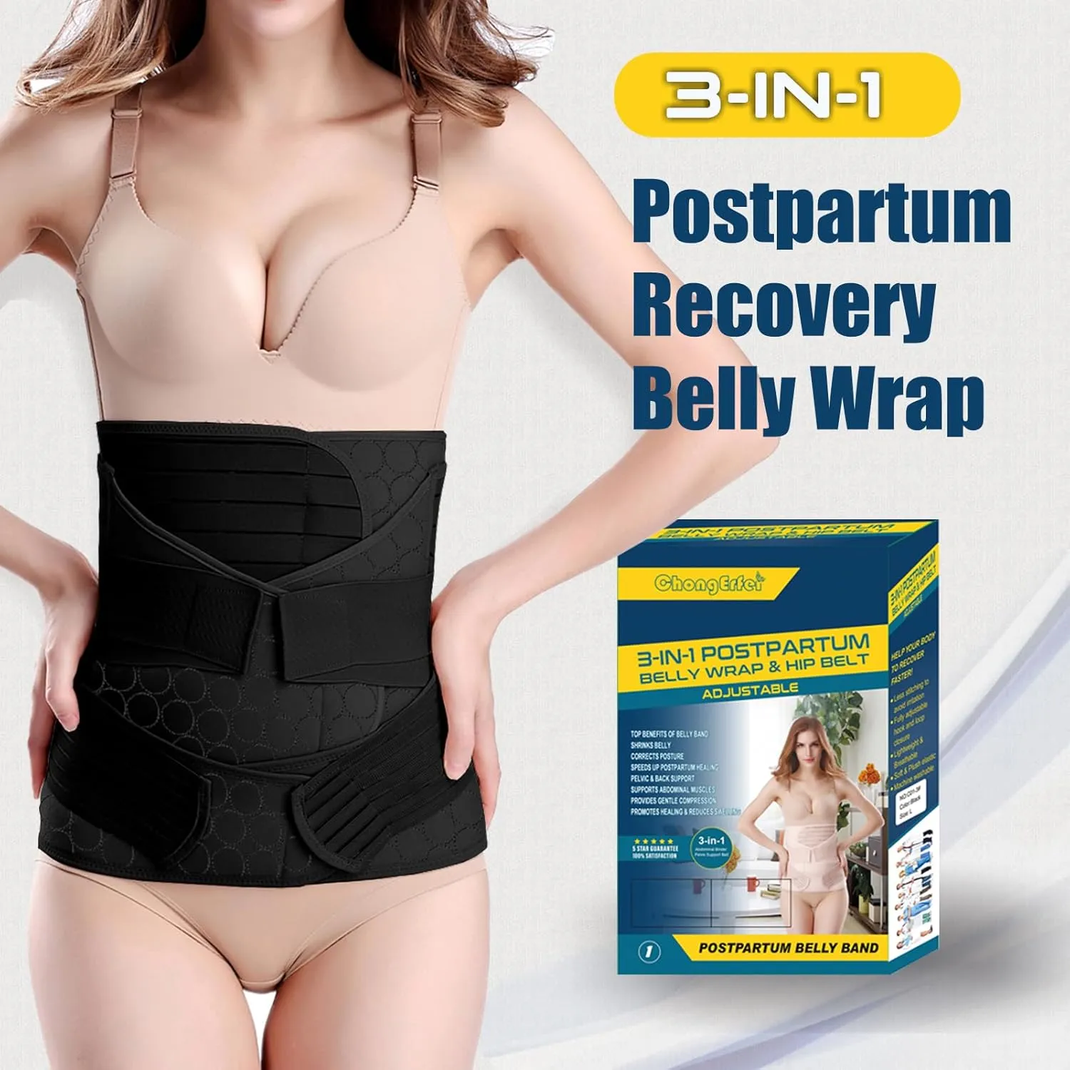 ChongErfei 3 in 1 Postpartum Belly Wrap - Recovery Belly/Waist/Pelvis Belt Black Postpartum Belly Band,Black L/One Size
