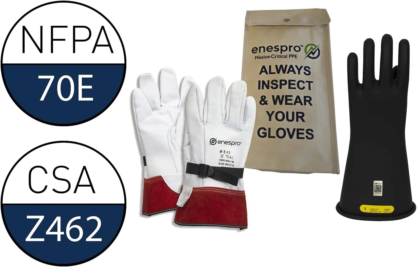 Class 2 Black Rubber Voltage Insulating Glove Kit with Leather Protectors, Max. Use Voltage 17,000V AC/ 25,500V DC (KITGC2B09)